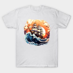 A vintage looking ship sails across the giant waves in a sunset enviornment 3 T-Shirt